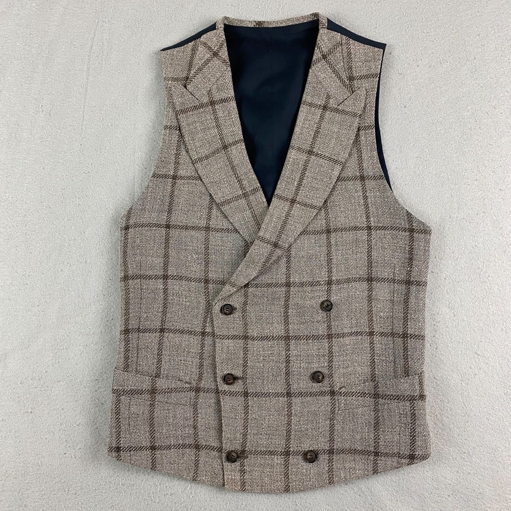SUITSUPPLY Pierre 44 IT/EU Double Breasted Vest Waistcoat Ferla Silk Linen Plaid